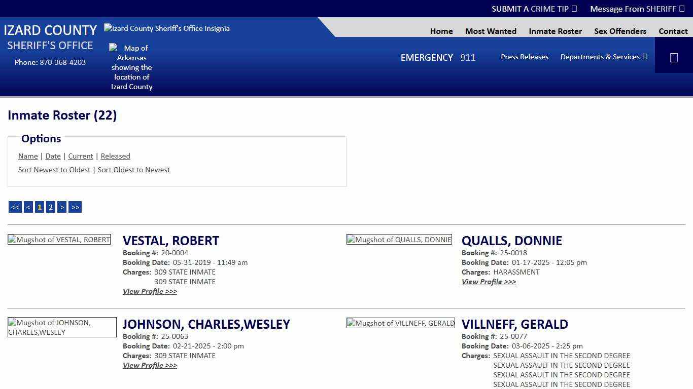 Inmate Roster - Current Inmates Booking Date Ascending - Izard County Sheriff AR